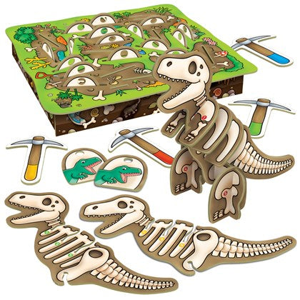 Dinosaur excavation game features 3D T-Rex skeleton, colorful pickaxe tokens, and a green game board.