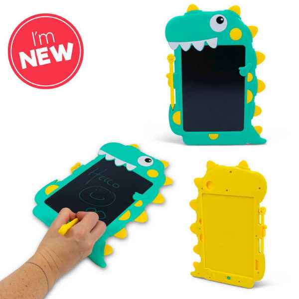 Green dinosaur-shaped LCD doodle tablet with yellow spikes, shown from front and back views and being written on.