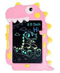 Pink dinosaur-shaped LCD doodle tablet with yellow spikes, stylus, and a colorful neon drawing on its black screen.