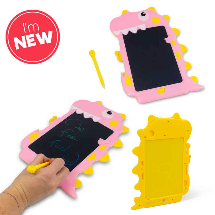 Pink dinosaur-shaped LCD tablet with yellow spikes and stylus. Front, back, and hand drawing on the black screen.