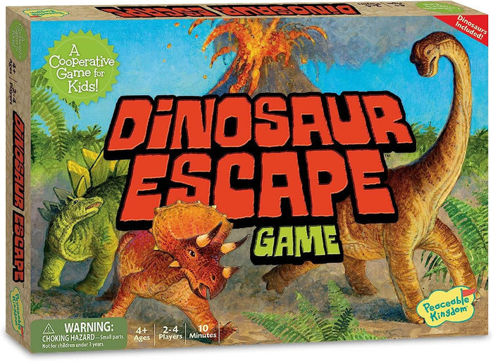 Board game box showing a triceratops and long-necked dinosaur fleeing an erupting volcano under bold red lettering.