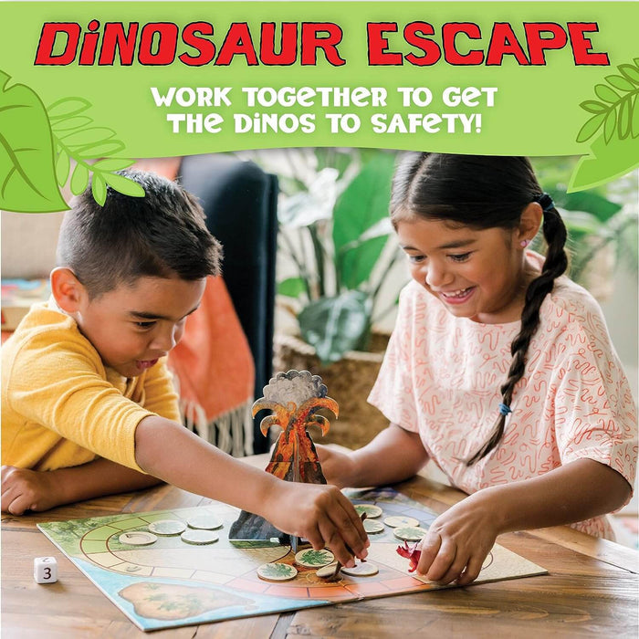 Two children playing a board game with a 3D volcano centerpiece, colorful tokens, and a circular game board.
