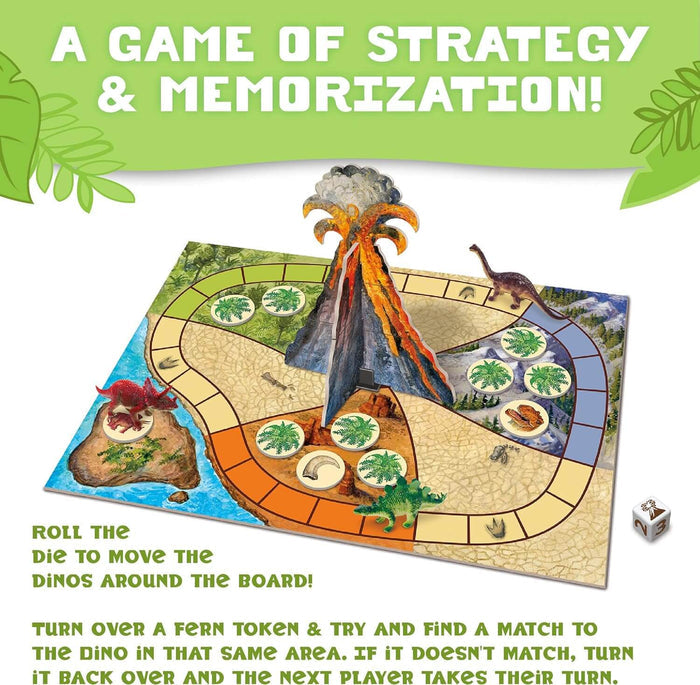 Dinosaur board game featuring a central 3D volcano, colorful path board, three dinosaur figures, and round matching tokens.