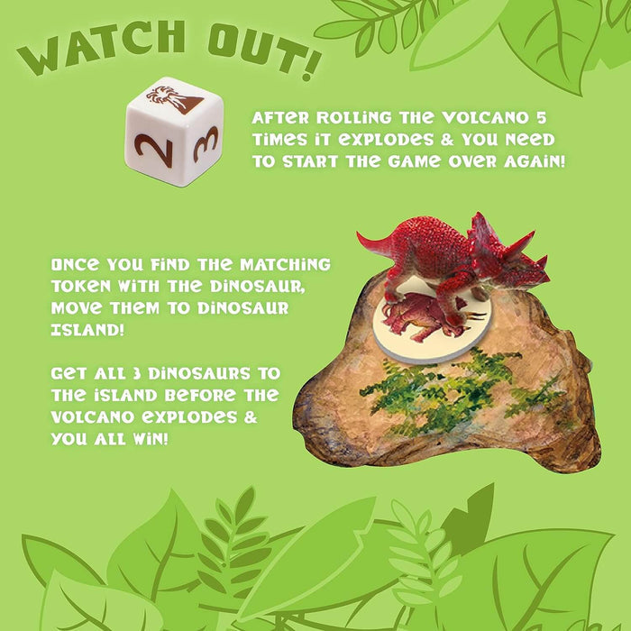 Board game rules graphic with a white die, red triceratops figure, and island illustration on a leafy green background.