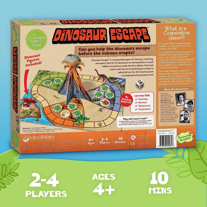 Orange board game box back showing a volcano game board, dinosaur figures, and specs for 2-4 players, ages 4 plus, 10 mins.