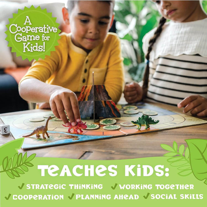 Two children play a board game with plastic dinosaur figures and a 3D volcano centerpiece on an illustrated map.