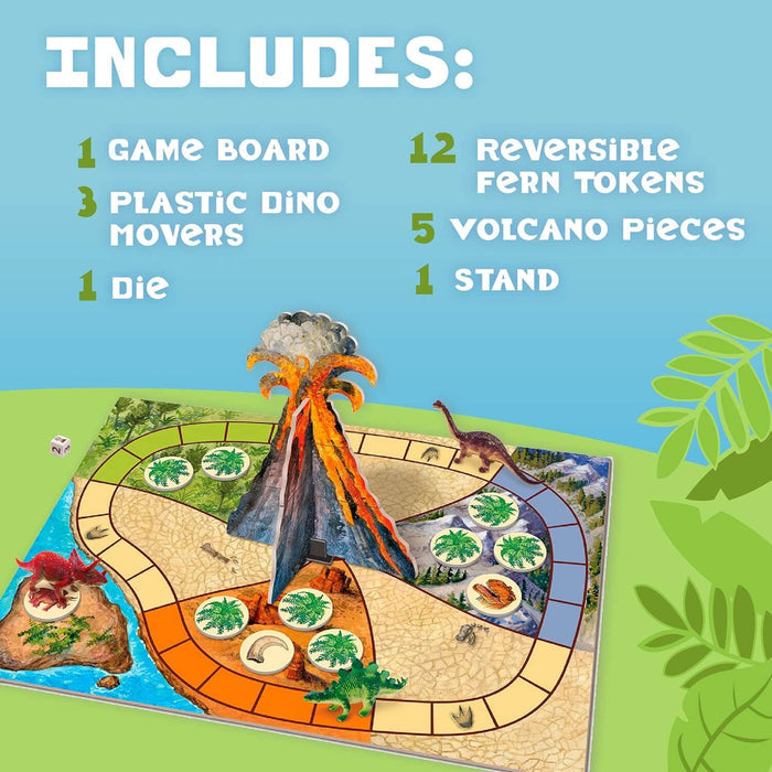 List of game contents next to a colorful dinosaur board game featuring a 3D volcano, plastic dinos, and fern tokens.