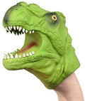 Textured green T-rex hand puppet with an open mouth, sharp white teeth, and yellow eye, worn on a person's wrist.