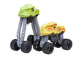 Green and yellow dinosaur toy trucks with extendable grey pleated legs and chunky black wheels.