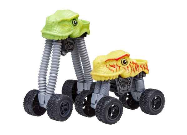 Green and yellow dinosaur toy trucks with extendable grey pleated legs and chunky black wheels.