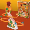 Dinosaur race toy featuring winding orange tracks, white stairs, colorful mini dinos, and a volcano-themed backdrop.