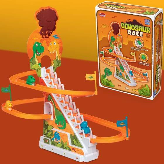 Dinosaur race toy featuring winding orange tracks, white stairs, colorful mini dinos, and a volcano-themed backdrop.