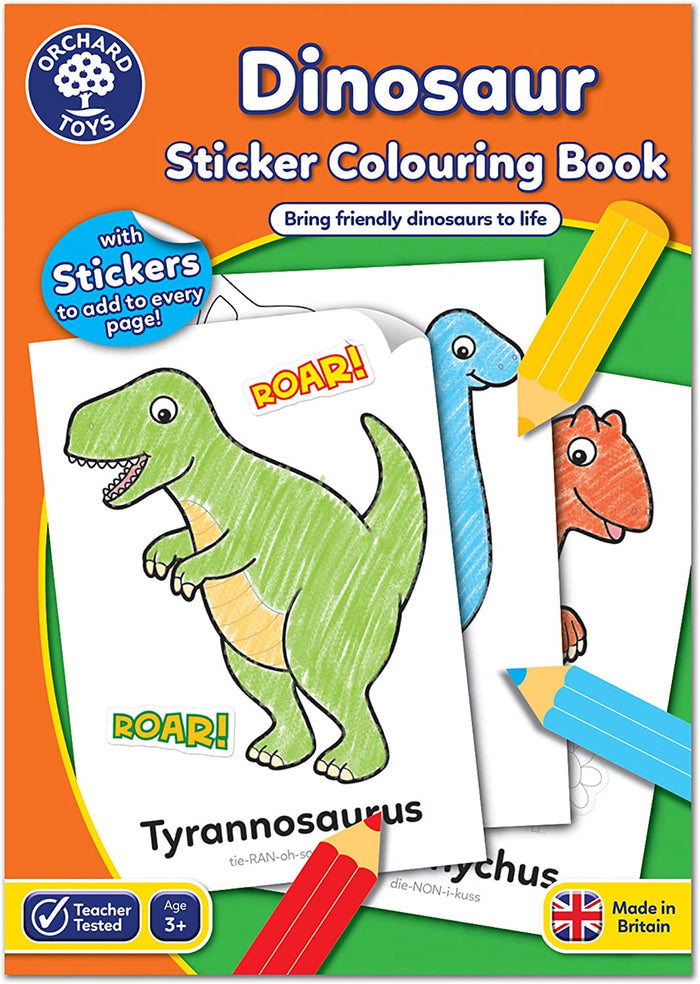 Orchard Toys Dinosaur Sticker Colouring Book cover with a green T-Rex, colored pencils, and stickers on an orange background.
