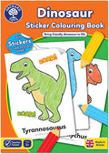 Orchard Toys Dinosaur Sticker Colouring Book cover with a green T-Rex, colored pencils, and stickers on an orange background.