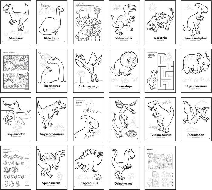 Selection of black and white dinosaur coloring and activity pages including mazes and spot the difference puzzles.
