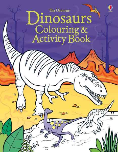 Book cover with a large white T-Rex outline, smaller dinosaurs, and orange volcanoes under a purple sky.