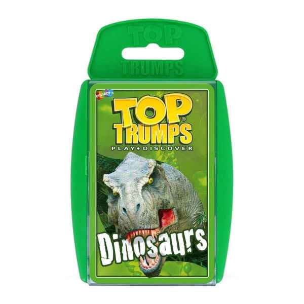 Green plastic Top Trumps carry case featuring a T-Rex illustration and the word Dinosaurs.