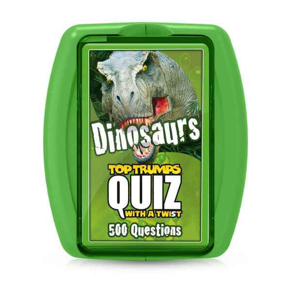 Green rounded plastic case holding a Dinosaurs Top Trumps Quiz deck with a T-Rex illustration and 500 questions.