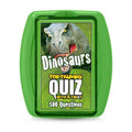 Green rounded plastic case holding a Dinosaurs Top Trumps Quiz deck with a T-Rex illustration and 500 questions.