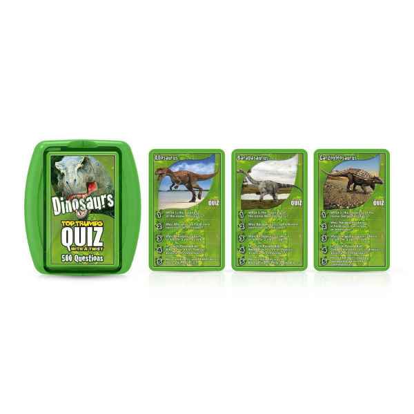 Green plastic case with a T-Rex beside three quiz cards showing various dinosaurs and numbered trivia questions.