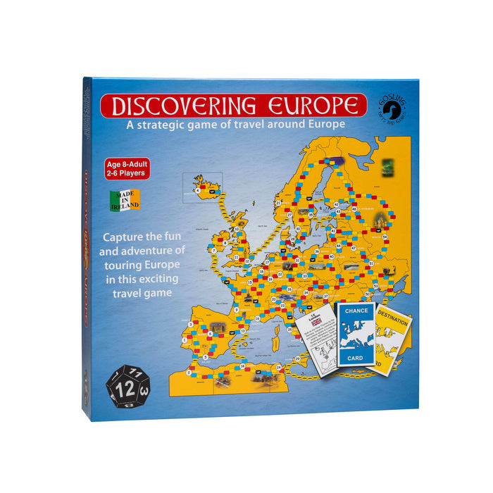 Blue board game box showing a colorful map of Europe with numbered travel routes, game cards, and a 12-sided die.