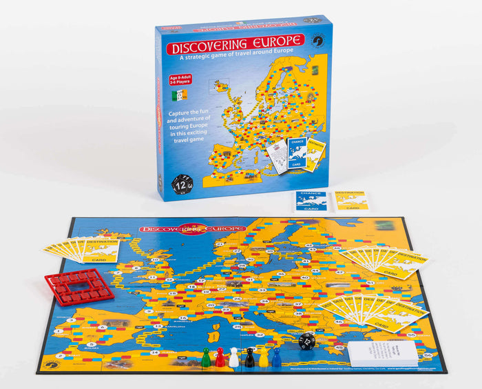 Discovering Europe board game box and map board with colorful pawns, cards, and dice on a white background.