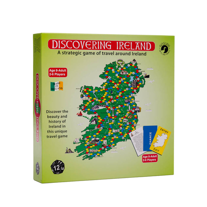 Green board game box featuring a map of Ireland with colorful numbered paths, cards, and game details.
