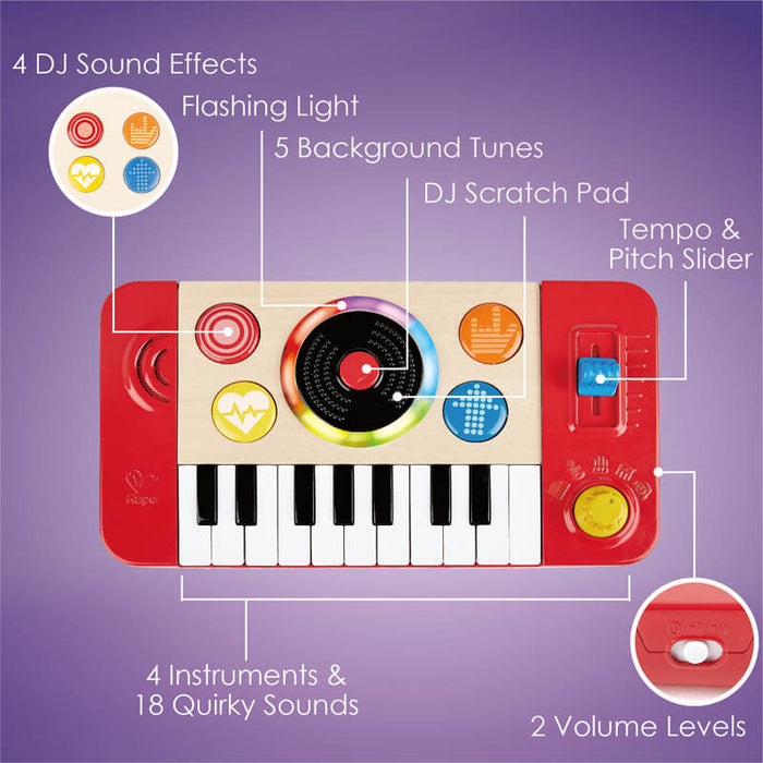 Feature diagram of a wood and red toy DJ keyboard with colorful buttons, a scratch pad, and piano keys.