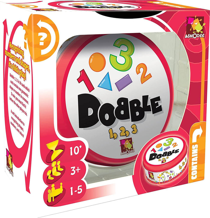 Red and white Dobble 123 box featuring colorful numbers, shapes, and a round metal tin visible through a clear window.