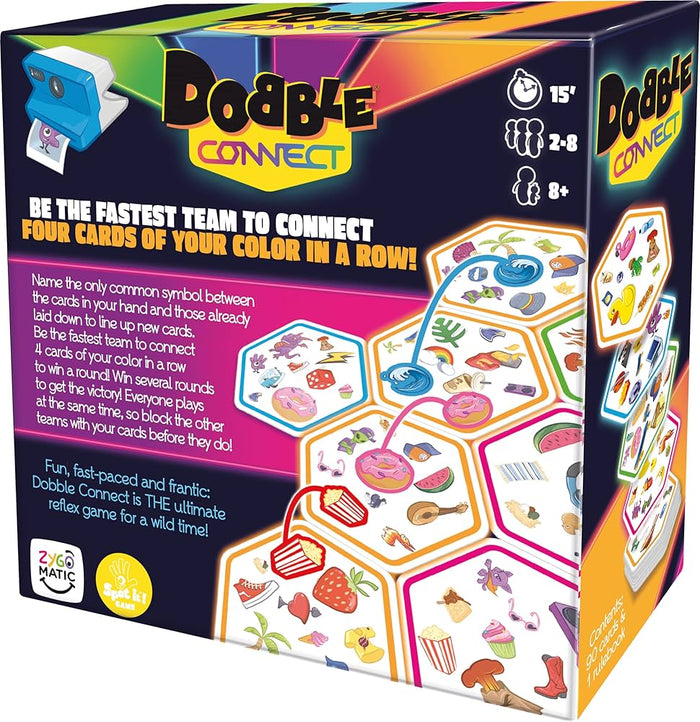 Black Dobble Connect box featuring hexagonal cards with colorful symbols, rainbow accents, and a blue camera graphic.