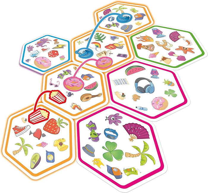 Hexagonal game cards with colorful icons and borders, connected by curved lines on a white background.
