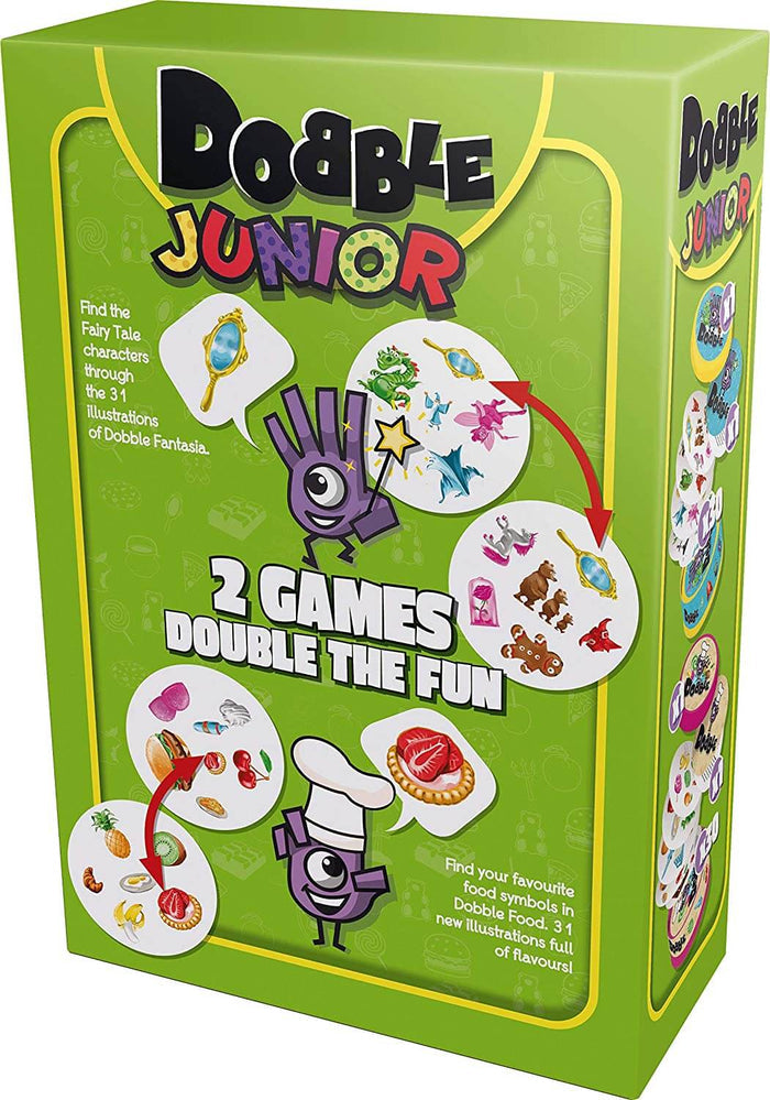 Bright green box featuring circular game cards with food and fairy tale icons and two purple hand-shaped characters.