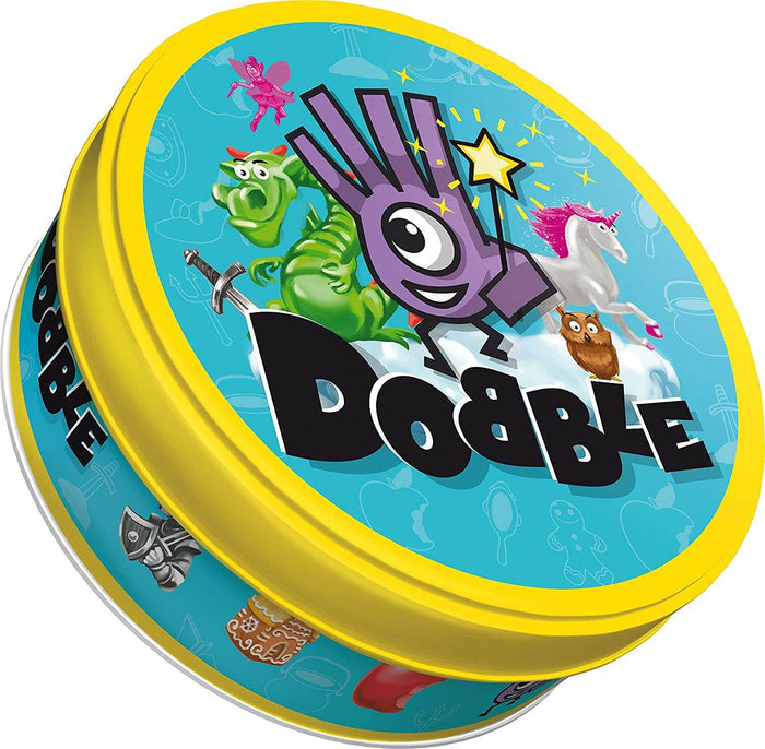 Round yellow tin with blue lid featuring a dragon, unicorn, and purple hand mascot above the large black Dobble logo.