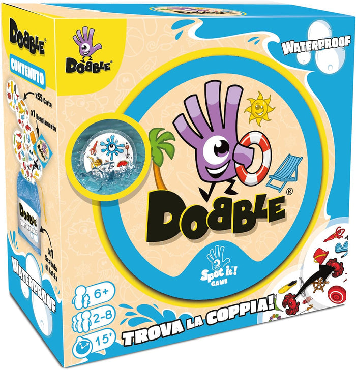 Yellow and blue box featuring a purple hand mascot with a lifebuoy, beach icons, and round cards in water splashes.