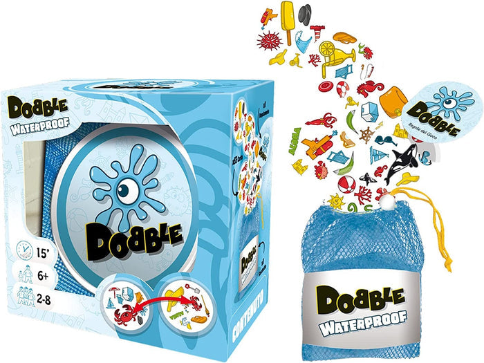 Blue box and mesh bag for card game with round cards featuring colorful beach icons like crabs and sunglasses.