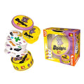 Yellow and purple Dobble tin with circular symbol cards spilling out, next to its cardboard retail box.