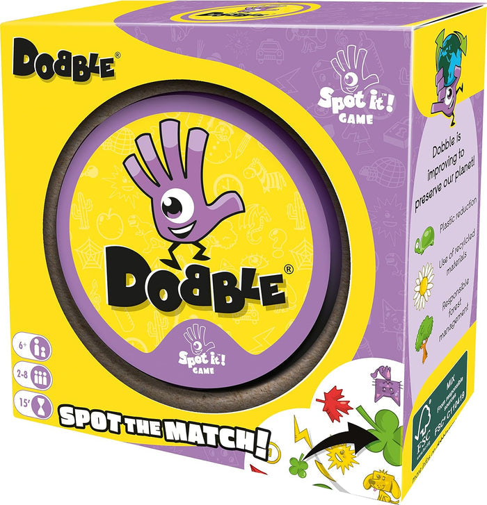 Yellow and purple square box for Dobble with a circular cutout showing a round purple tin and colorful matching symbols.