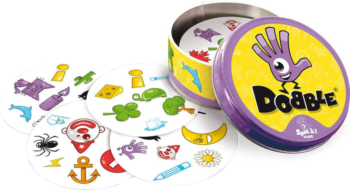 Purple and yellow tin for Dobble game with round cards featuring colorful icons like a cat, clown, and spider.