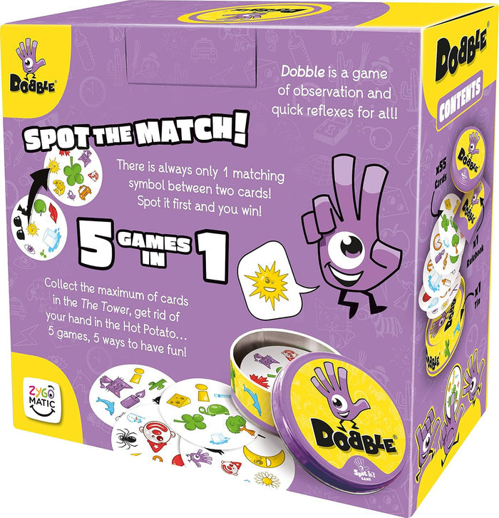 Purple Dobble box with a one-eyed hand mascot, circular cards with symbols, and a round metal storage tin.