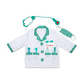 White kids' doctor lab coat with teal patterned trim, matching face mask, stethoscope, and four toy medical tools.