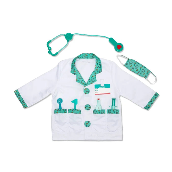 White kids' doctor lab coat with teal patterned trim, matching face mask, stethoscope, and four toy medical tools.