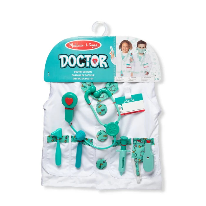White doctor coat with teal toy medical tools and name tag, on a teal cardboard header featuring two children.