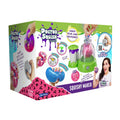 Green and purple box for a DIY squishy kit showing a green machine, colorful glitter squishies, and how-to photos.
