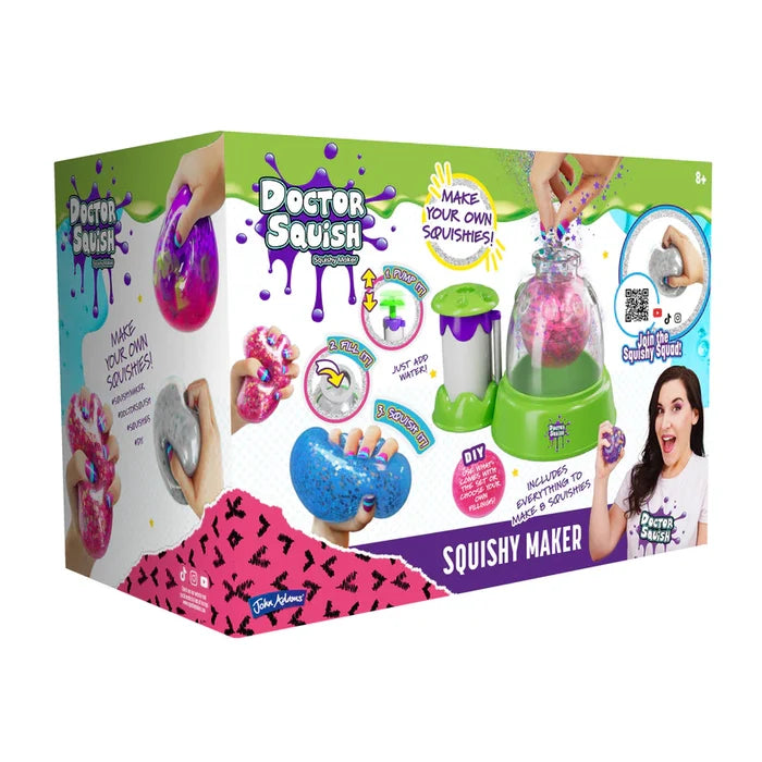 Green and purple box for a DIY squishy kit showing a green machine, colorful glitter squishies, and how-to photos.