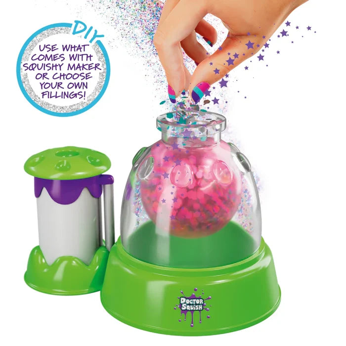 Hand filling a pink squishy inside a green and clear plastic machine with colorful star-shaped glitter.