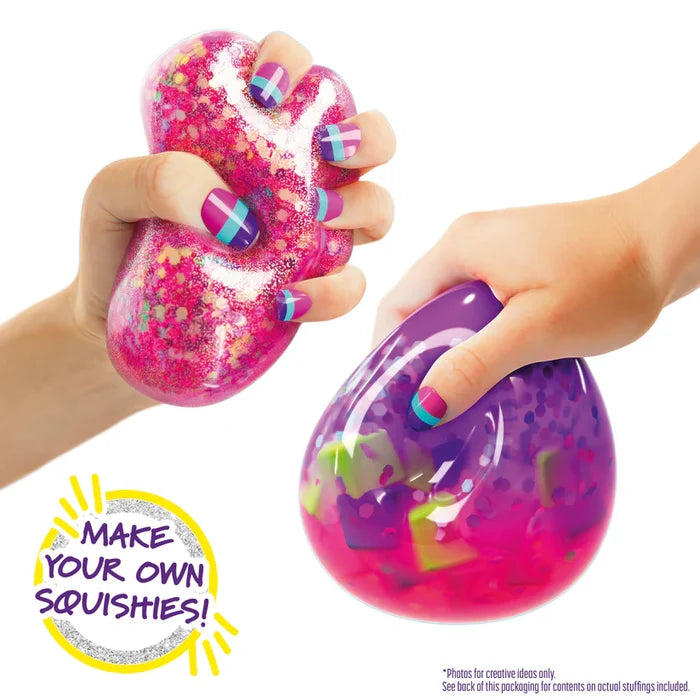 Two hands squeezing colorful pink and purple glittery DIY squishies. Text reads: MAKE YOUR OWN SQUISHIES!