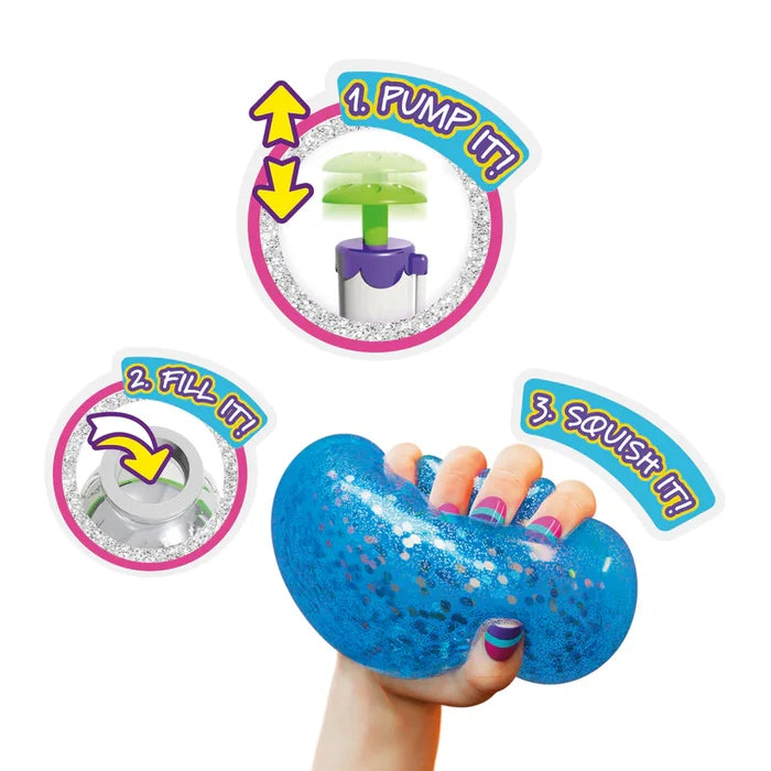 Graphics show three steps to make a squishy: pump the handle, fill the container, and squeeze a blue glittery toy.