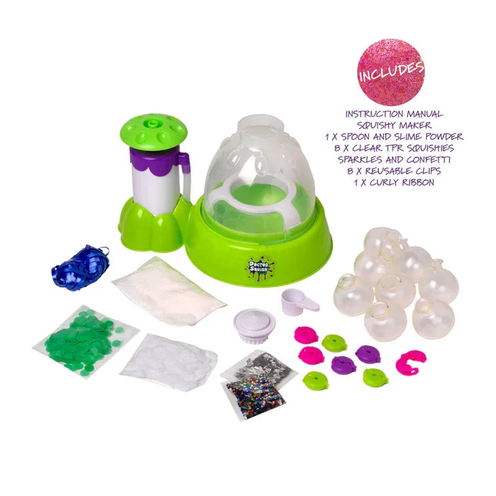Green toy squishy maker with clear dome, slime powder, confetti, glitter, clear shells, and colorful clips.
