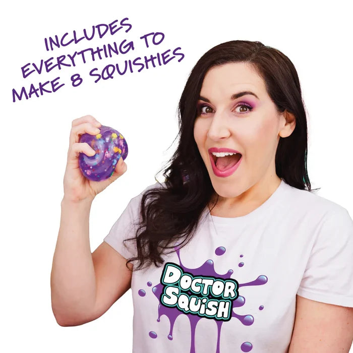 Smiling woman holding a purple glitter squishy. Text: Includes everything to make 8 squishies. Doctor Squish logo.