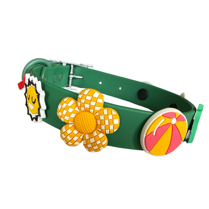 Green waterproof dog collar by Walkieez, durable collar with adjustable strap and metal buckle for outdoor adventures.